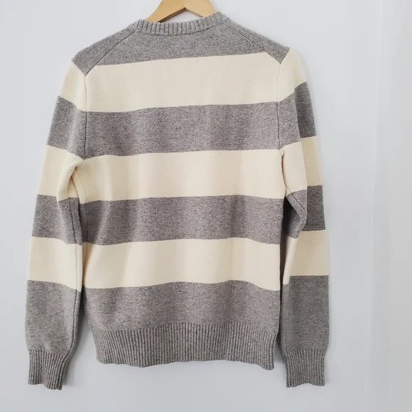 JACK SPADE Men MED Cream Gray Wide Stripe Sweater Wool Blend Crew Preppy Neutral